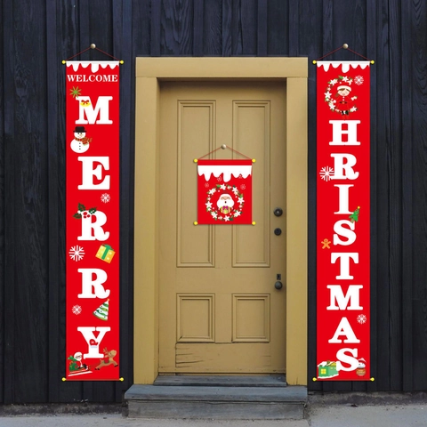 Ensemble de Bannières de Porte Joyeux Noël Décor de Porche Extérieur Festif Polyester Suspendu Père Noël Bonhomme de Neige Enseigne