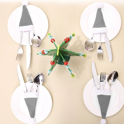 Porta Cubiertos Gorro de Navidad Mini Gris Tela No Tejida Bolsa de Vajilla Organizador Para Decoración Mesa Fiesta