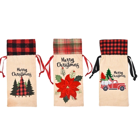 Housse de Bouteille de Vin de Noël Imitation Lin Écossais Sac Cadeau Décoration de Fête Gnomes Sapin Camion Fleur