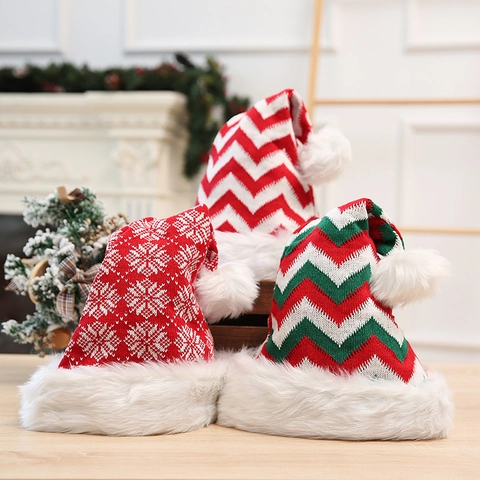 Cappello di Natale a Maglia Con Bordo in Peluche Lungo Fiocco di Neve Righe Cappello di Babbo Natale per Decorazione Festa