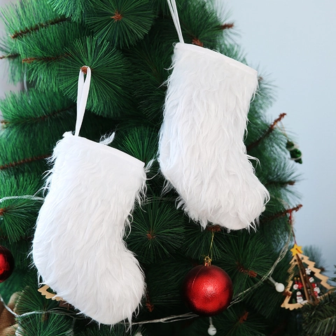 Calcetín de Navidad de Felpa Larga Blanca Piel Sintética Adorno para Árbol de Navidad Bolsa de Regalo para Decoración del Hogar