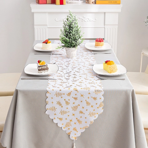 Weihnachten Weißer Tischläufer Mit Goldener Bronzierung Tannenbaum Stern Muster Wellenrand Festliche Tischdeko Für Feiertag Party