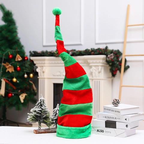 Cappello da Elfo di Natale Extra Lungo a Righe in Tessuto Morbido con Pompon per Feste Natalizie e Decorazione di Costumi Festivi