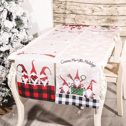 Chemin de Table de Noël Motif Gnome Carreaux Buffalo Tissu Look Lin Nappe pour Décoration de Table de Salle à Manger