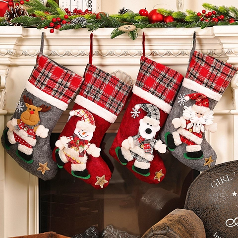 Grote Kerstsokken Decoraties 3D Cartoon Kerstman Sneeuwpop Rendier Vilt Ruit Manchetten Kerstcadeau Snoepzak Open Haard Decoratie