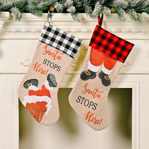 Grandi Calze di Natale Buffalo Plaid Lino Babbo Natale Stampa Calze Festive Per Camino Arredamento Famiglia Festa Sacco Regalo