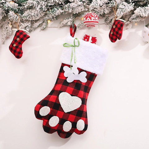Calza di Natale a Forma di Zampa di Cane Buffalo Plaid Borsa Regalo Pet Albero di Natale Decorazione Borsa Caramelle Ornamento