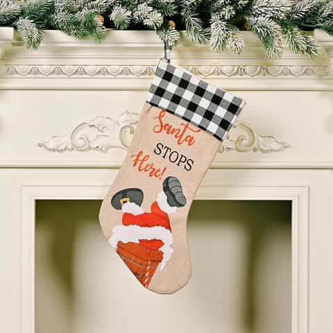 Grandi Calze di Natale Buffalo Plaid Lino Babbo Natale Stampa Calze Festive Per Camino Arredamento Famiglia Festa Sacco Regalo