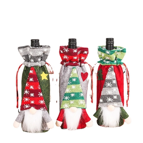 Housse de Bouteille de Vin de Noël Sac à Vin en Tricot avec Gnome et Motif de Flocons de Neige Manchons de Bouteille de Champagne Homme de la Forêt Nordique pour Décoration de Table de Fête de Noël