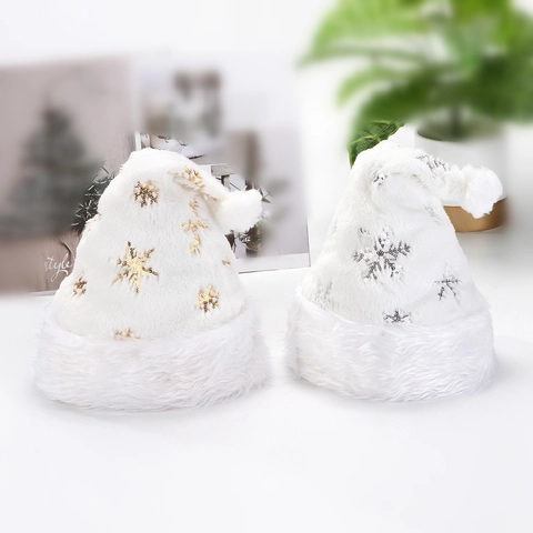 Gorro de Navidad de Felpa Blanco Con Bordado de Copo de Nieve de Lentejuelas Oro Plata Gorro de Papá Noel Adulto Decoración de Fiesta