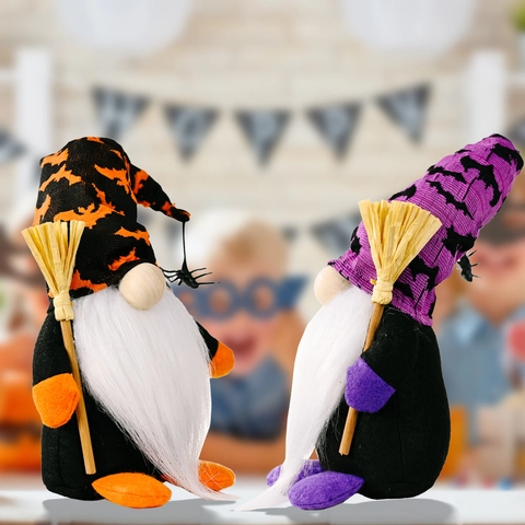 Ornamenti di Peluche dello Gnomo di Halloween Con Scopa Ragno Pipistrello Viola Arancione Bambola Nano Senza Volto Decorazione