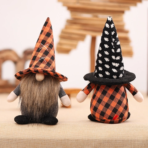 Decorazione a Gnomo di Halloween Bambola senza Volto Arancione Nero Quadretti Peluche Nordic Gonk Festa Ornamenti per Scrivania Casa