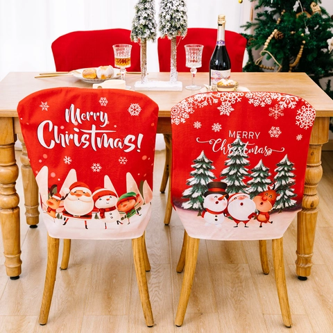Christmas Chair Back Covers Red Fabric Santa Claus Snowman Reindeer Print Chair Protector For Dining Room Holiday Home Party Decoration