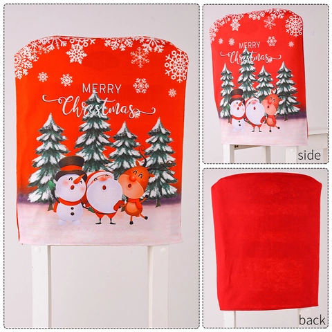 Christmas Chair Back Covers Red Fabric Santa Claus Snowman Reindeer Print Chair Protector For Dining Room Holiday Home Party Decoration