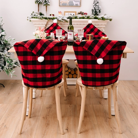 Housse De Chaise De Noël À Carreaux Buffalo Rouge Et Noir Housse De Dossier Chapeau De Père Noël Avec Pompon Pour Décoration