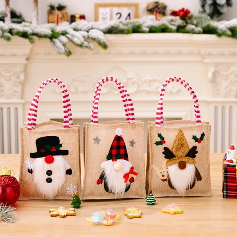 Christmas Burlap Gift Bags Gnome Snowman Reindeer Pattern Festive Candy Packing Handbags Xmas Holiday Party Decorations