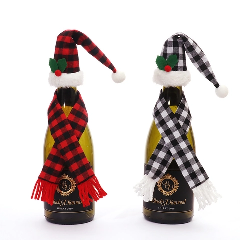 Juego de Funda para Botella de Vino a Cuadros de Navidad Gorro de Papá Noel y Bufanda Buffalo Check para Decoración de Mesa