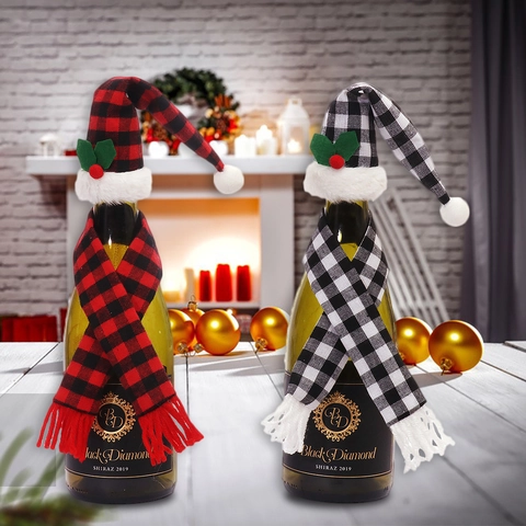 Christmas Wine Bottle Cover Plaid Scarf Hat Fabric Decoration Buffalo Check Mini Bottle Bag Ornament Xmas Dinner Table Decor
