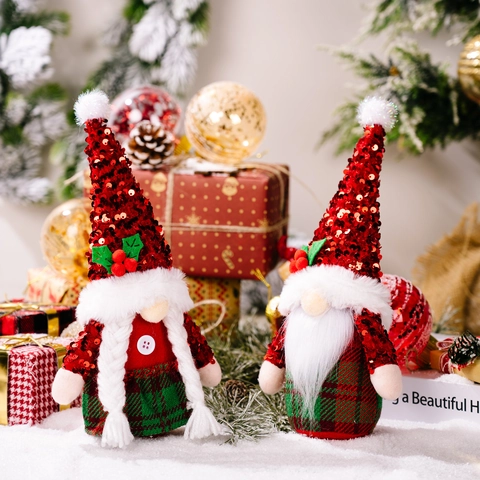 Christmas Gnome Decoration Sequin Hat Faceless Doll Red Green Plaid Plush Dwarf Figurine For Holiday Home Table Decor