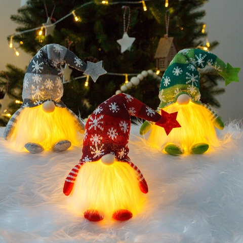 Gnomes de Noël Lumineux en Peluche Tomte Nisse Suédois LED Décorations de Noël en Tricot Flocon de Neige pour Maison Table