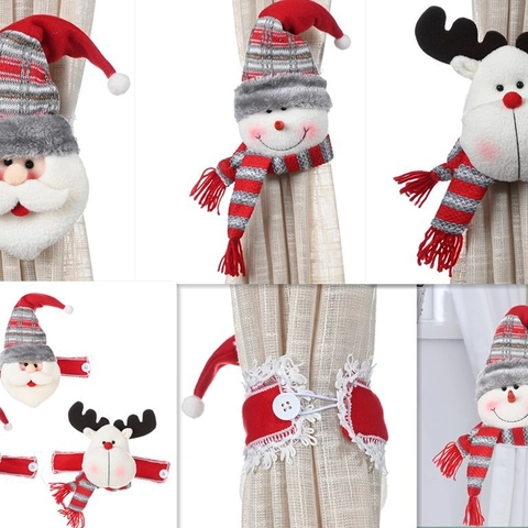 Christmas Curtain Tiebacks Plush Santa Claus Snowman Reindeer Cartoon Window Decoration Holders Elastic Button Fasteners Festive Home Decor