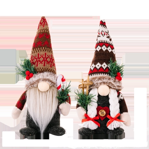 Gnomos de Navidad Hechos a Mano Decoración de Peluche Gorro de Punto Muñeca Sin Rostro Rudolf Con Rama de Pino Esquís Adorno de Mesa