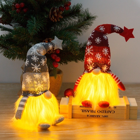 Christmas Glowing Gnome Plush Ornaments LED Light Up Snowflake Knitted Hat Swedish Tomte Dwarf Doll Holiday Home Tabletop Decoration