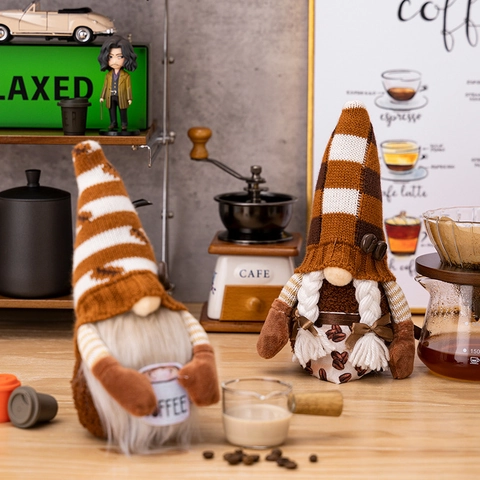 Gnomo da Caffè in Peluche con Cappello di Maglia Decorazione Chicchi di Caffè Bambola Senza Volto per Decorazione Bar