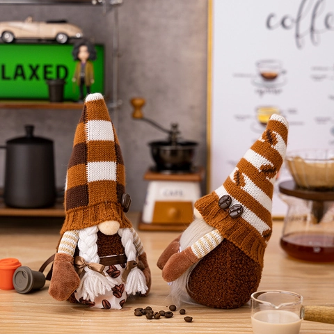 Gnomo da Caffè in Peluche con Cappello di Maglia Decorazione Chicchi di Caffè Bambola Senza Volto per Decorazione Bar