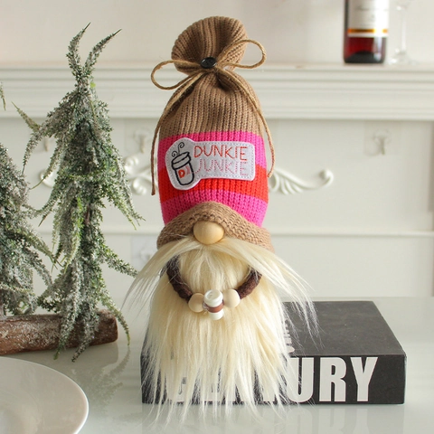 Gnomo in Maglia Tema Amante del Caffè Rosa a Righe Bambola Nordica Senza Volto Natale Motivo Tazza da Caffè Statuetta Peluche