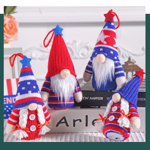LED Independence Day Gnomes Ornaments 4th Of July Patriotic Faceless Plush Dwarf Hanging Decorations Red White Blue Knitted Star Gnome Doll Gift