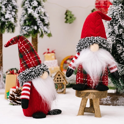 Handmade Christmas Gnome Decoration Faceless Plush Doll With Plaid Knitted Hat For Holiday Home Table Decor Ornaments Gift