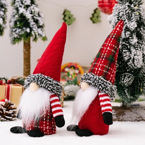 Handmade Christmas Gnome Decoration Faceless Plush Doll With Plaid Knitted Hat For Holiday Home Table Decor Ornaments Gift