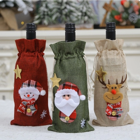Weihnachten Weinbeutel Jute Cartoon Weihnachtsmann Schneemann Rentier Muster Kordelzug Wein Geschenkbeutel Feiertag Tischdeko