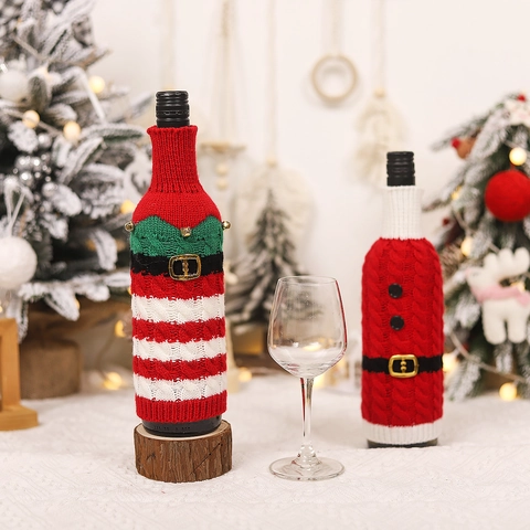 Christmas Knit Wine Bottle Covers Santa Claus Belt Striped Elf Style Festive Table Decor Home Restaurant Holiday Decoration