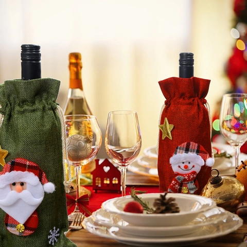 Weihnachten Weinbeutel Jute Cartoon Weihnachtsmann Schneemann Rentier Muster Kordelzug Wein Geschenkbeutel Feiertag Tischdeko