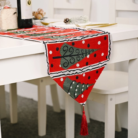 Christmas Knitted Table Runner Reindeer Santa Claus Snowman Pattern With Tassels Red Green Tablecloth Festive Home Decoration