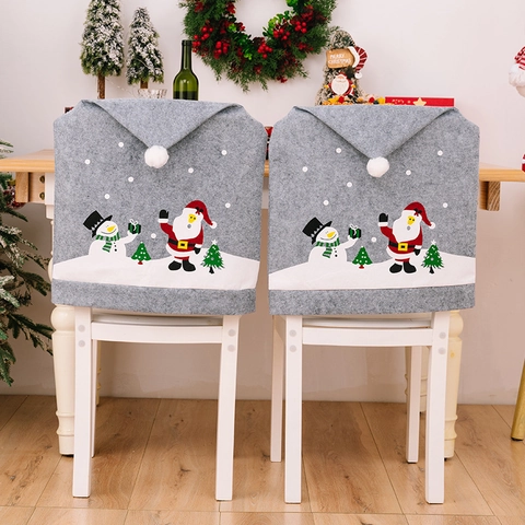 Christmas Chair Back Covers Grey Fabric Santa Snowman Printed Pattern Xmas Hat Design For Dining Room Home Festive Decor