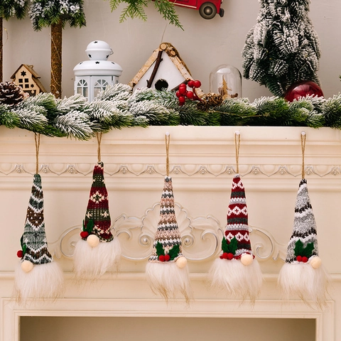Colgante de Gnomo Brillante de Navidad Con Luces LED Sombrero de Punto Muñeco Sin Rostro Adorno para Árbol de Navidad Hogar Fiesta Decoración