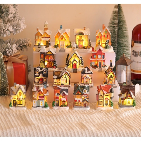 Christmas Glowing Miniature House Resin LED Light Village Scene Snow Covered Architecture Ornament Festive Desktop Decoration