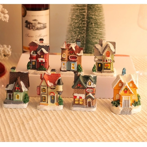 Christmas Glowing Miniature House Resin LED Light Village Scene Snow Covered Architecture Ornament Festive Desktop Decoration