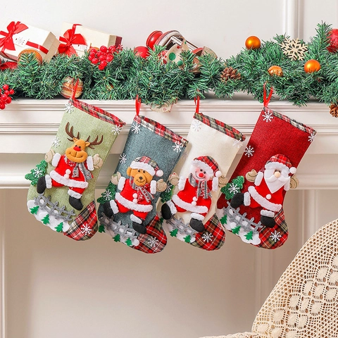 Large Christmas Stocking Burlap Plaid Fabric Santa Snowman Reindeer Bear Hanging Gift Bag Candy Pouch Festive Home Decoration