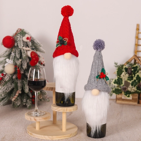 Christmas Wine Bottle Cover Knitted Gnome Rudolph Wine Bottle Decor For Xmas Party Dining Table Home Holiday Decorations