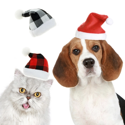 Pet Christmas Hat Cat Dog Buffalo Plaid Red Plush Santa Cap With Elastic Strap Holiday Headdress Mini Festive Accessory