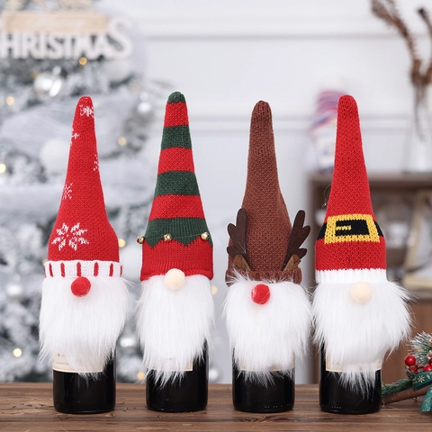 Knitted Christmas Wine Bottle Covers Gnome Decorations With Artificial Fur Beard Reindeer Snowflake Striped Wine Toppers