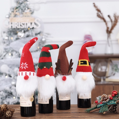 Knitted Christmas Wine Bottle Covers Gnome Decorations With Artificial Fur Beard Reindeer Snowflake Striped Wine Toppers
