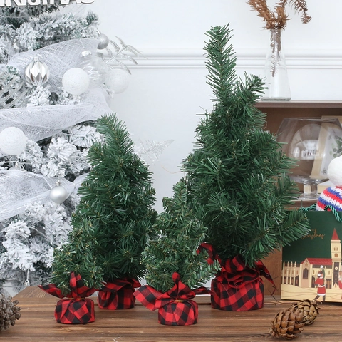 Mini Artificial Christmas Tree Set Tabletop Pine Tree With Burlap Buffalo Plaid Base For Xmas Holiday Home Desktop Decor