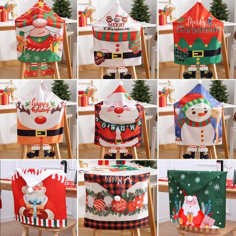 Christmas Dining Chair Cover Santa Claus Snowman Printed Fabric Chair Back Protector For Party Home Dining Room Decor