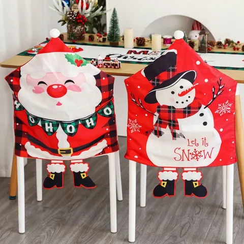 Christmas Dining Chair Cover Santa Claus Snowman Printed Fabric Chair Back Protector For Party Home Dining Room Decor