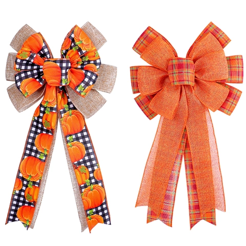 Autumn Thanksgiving Harvest Pumpkin Buffalo Plaid Bow Decoration For Home Party Wreaths Large Fabric Ribbon Bow Ornament